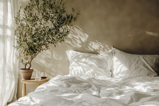 Cozy bedroom interior soft white bedding plush pillows unmade bed natural light potted olive tree