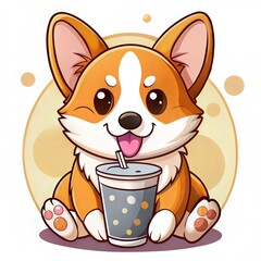 Playful Corgi with Cup of Coffee and Big Smile in Cartoon Style