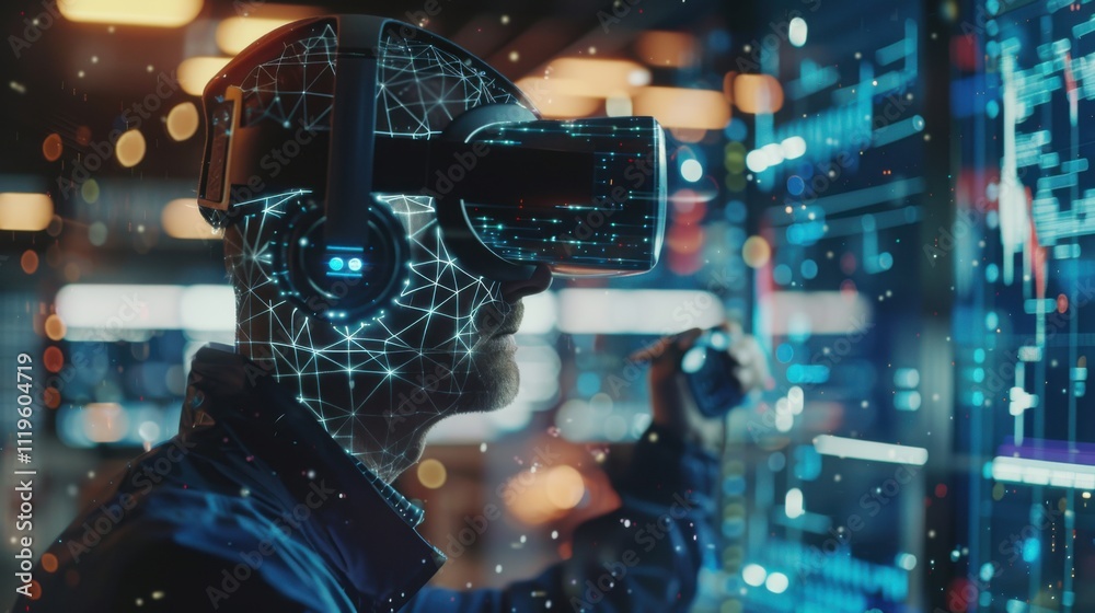 Poster developer wearing vr smart goggles working with artificial intelligence neural networks. it expert u
