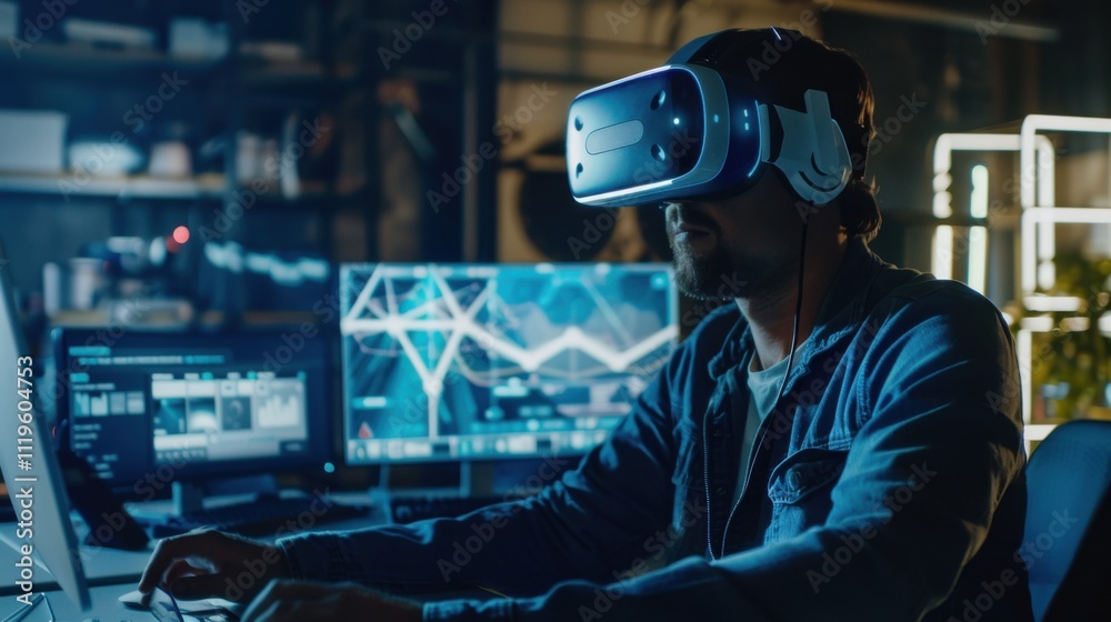 Poster developer wearing vr smart goggles working with artificial intelligence neural networks. it expert u