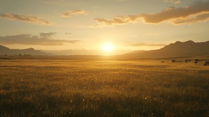Golden sunset over a vast field of tall grass.
