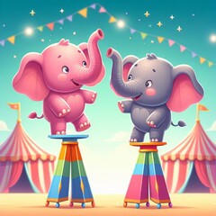 Two elephants balancing themselves on stilts ;