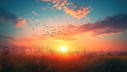 Fototapeta premium Breathtaking Sunset Over a Tranquil Field with Vibrant Colors and Silhouetted Birds Flying in the Sky, Creating a Peaceful and Serene Atmosphere at Dusk