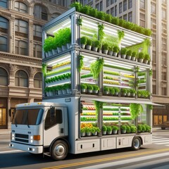 Urban Farming Vehicle Equipped with hydroponic gardens and verti