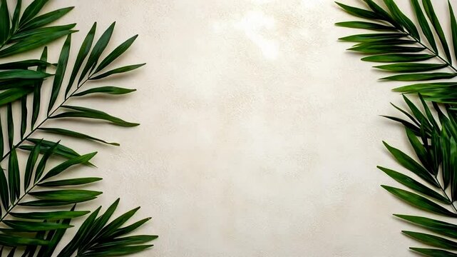 Green palm leaves frame a beige textured background, ideal for tropical and Palm Sunday themes