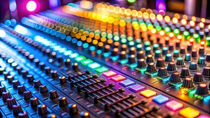 Fototapeta premium Close up view of audio mixer console with colorful lights , music, mixing, sound, equipment, studio, technology