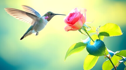 Obraz premium Graceful hummingbird with a vibrant rose, peaceful natural beauty
