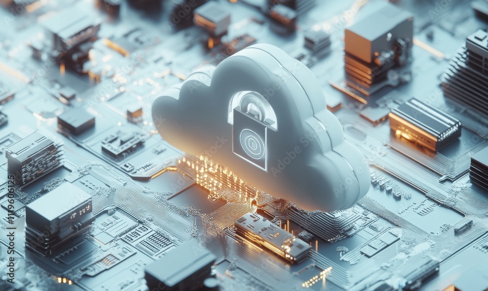 Poster digital security concept with a cloud symbol locked to represent data protection and cybersecurity w