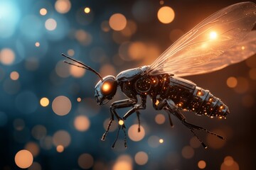 Mechanical bee with glowing features flying against a blurred background illuminated by light spots