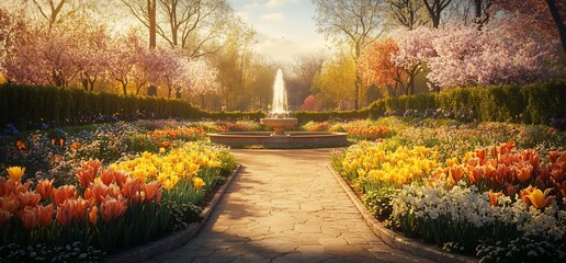 Spring garden path with fountain and colorful tulips.