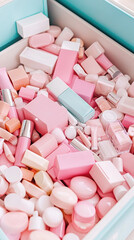 Overconsumption, A colorful assortment of various beauty and skincare products, predominantly in shades of pink and white, arranged in a vibrant box.