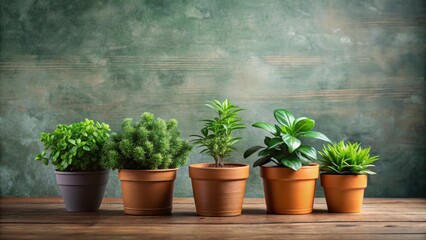 Fototapeta premium Green plants in pots on a background, houseplants, foliage, botanical, indoor gardening, potted plants