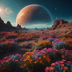 An alien planet with uniquely shaped, vibrant flowers.

