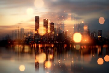 Fototapeta premium City skyline illuminated by sunset with shimmering reflections on water surface