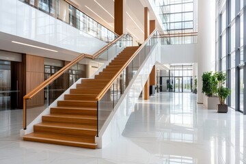Fototapeta premium Modern staircase design in a spacious corporate building showcasing natural light during daytime