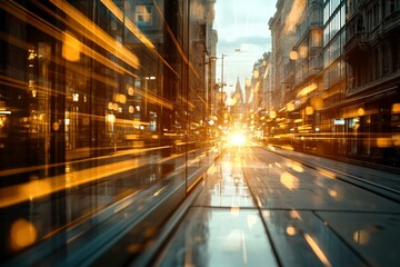 City street illuminated by sunset with streaks of light captured in motion