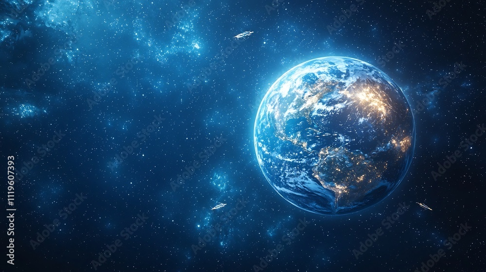 Canvas Prints planet earth shielded by futuristic energy barrier with spacecraft in orbit