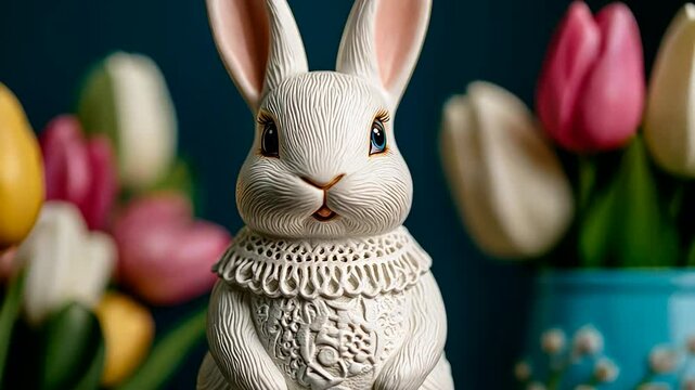 A decorative ceramic bunny with a lace pattern sits among colorful tulips, symbolizing Easter and spring