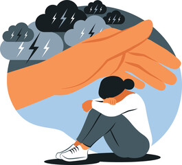 Psychotherapy, counseling and psychological support concept. Human hand helps depression girl on transparent background. Mental health issue, depression, feeling of frustrated, anxiety.