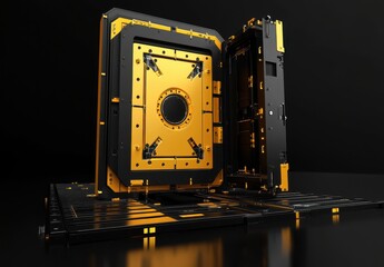 Intricate 3D Render of a Futuristic Metallic Door Mechanism with Bold Yellow and Black Color Scheme, Set Against a Dark Background, Highlighting the Advanced Design and Technology