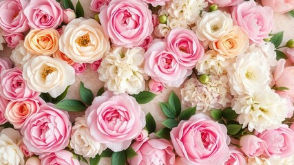 Vintage style artificial flowers wall background in pastel colors with roses, peonies, and...