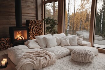 Fototapeta premium Cozy living room large comfortable sectional sofa white cushions knitted pouf ottoman