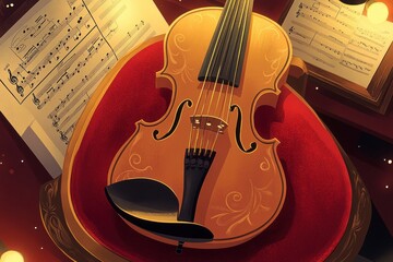 Fototapeta premium A beautifully crafted violin resting on a plush chair with sheet music nearby.