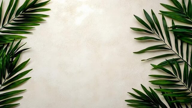Green palm leaves on a beige background evoke tropical vibes and Palm Sunday celebration themes