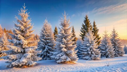Naklejka premium Vivid snowy conifers covered with hoarfrost on a frosty day, winter, forest, trees, cold, frost, hoarfrost, nature, snowy