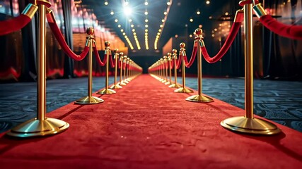 Glamorous red carpet event entrance with velvet ropes, ideal for awards ceremonies and Hollywood themes
