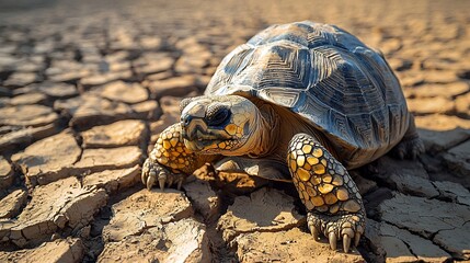 Obraz premium Tortoise Slowly Traversing Parched Desert Landscape in Scorching Sunlight