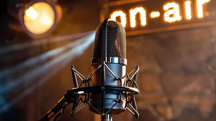 Close-up of a vintage microphone in a radio studio, symbolizing broadcasting and entertainment