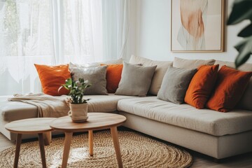 Cozy minimalist living room L shaped beige sofa orange and gray throw pillows