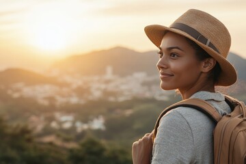 Hiking at sunset with a scenic view of the city and mountains in the background while wearing a stylish hat and backpack