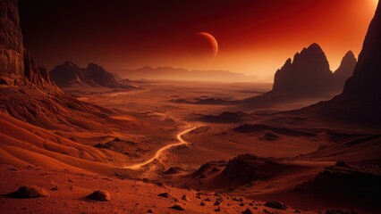 Naklejka premium A stunning alien landscape featuring red sands, towering rock formations, and distant planets in a twilight sky. Perfect for science fiction or space-themed projects