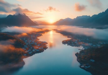 Serene Sunrise Over Mountainous Landscape with Misty River and Scenic Village Reflected in Tranquil Waters at Dawn in Norway