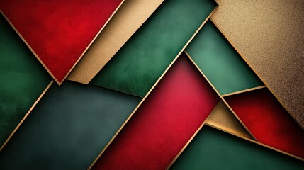 Fototapeta premium Layered abstract design with overlapping red, green, and gold shapes creates a bold, festive, and stylish visual aesthetic.