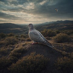 A dove drawn as part of a surreal landscape.