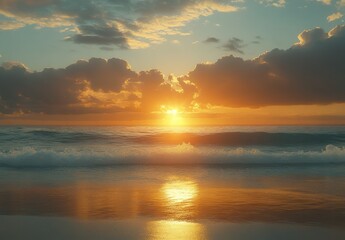 Fototapeta premium Stunning Sunset Over Tranquil Ocean with Colorful Clouds Reflected On The Water Surface Creating a Serene Beach Vibe and Calming Ambiance at Dusk