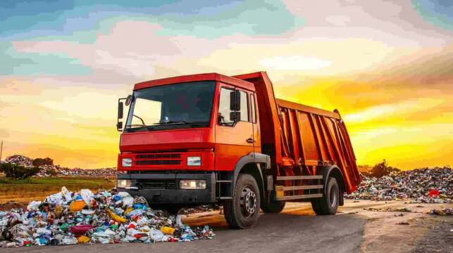 Overconsumption, A red dump truck parked near a pile of garbage under a vibrant sunset, highlighting themes of waste management and environmental impact.