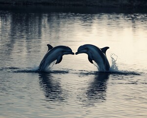 Fototapeta premium Two dolphins leap joyfully above the water surface, creating splashes in the serene ocean