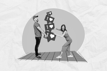 Creative photo 3d collage poster postcard picture of postman giving girl her purchases isolated on painting background