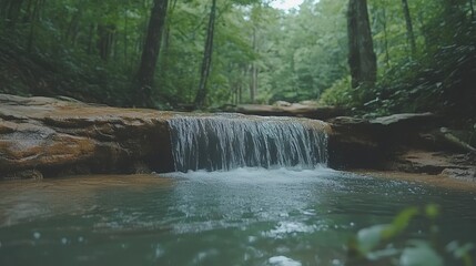 Gentle waterfall tumbling into a crystalclear pool surrounded by lush green forest and vines copy space, nature harmony, vibrant, Fusion, jungle backdrop
