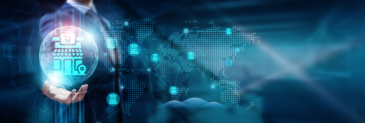 Businessman hand holding global network connection on e-commerce, online shopping, digital payments, logistics, supply chain, customer experience, cybersecurity, technology, and futuristic innovations