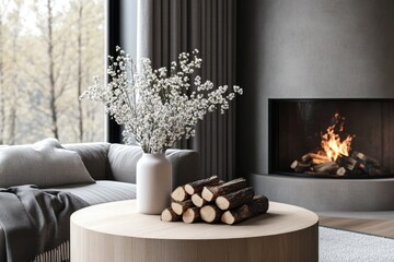 Cozy modern living room round wooden coffee table vase with white flowers fireplace with