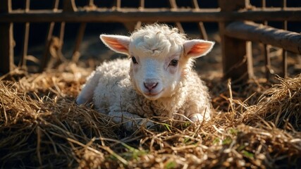 Obraz premium Adorable baby lamb resting in golden straw, close-up portrait showing curly white wool and innocent expression in warm natural light