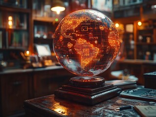 Holographic Globe with Marketing Icons Representing Global Digital Business Strategies
