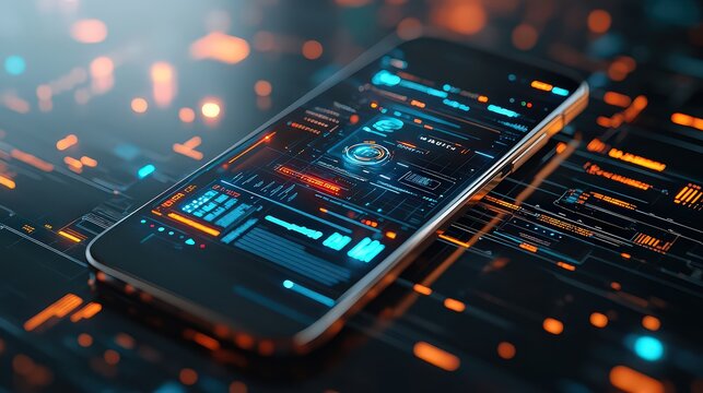  Futuristic smartphone with a holographic interface displaying vibrant icons and real-time data, set against a dark minimal background.