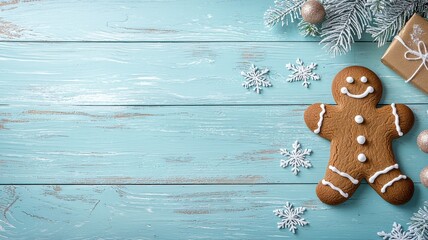 Gingerbread Decorating Day. Gingerbread man on blue wooden background with Christmas decorations.
