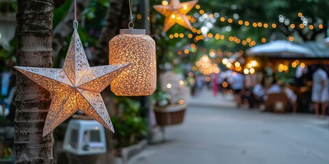 Philippine Christmas Celebration Featuring a Parol Lantern and Street Festivities, Copy Space Banner